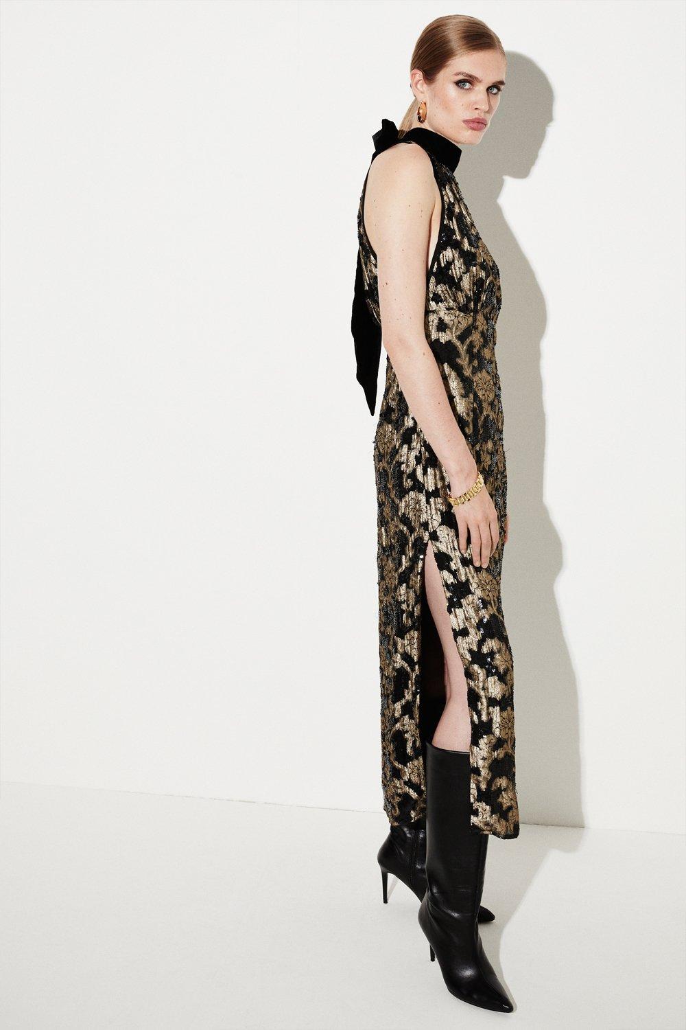 Sequinned Jacquard Halterneck Midi Dress