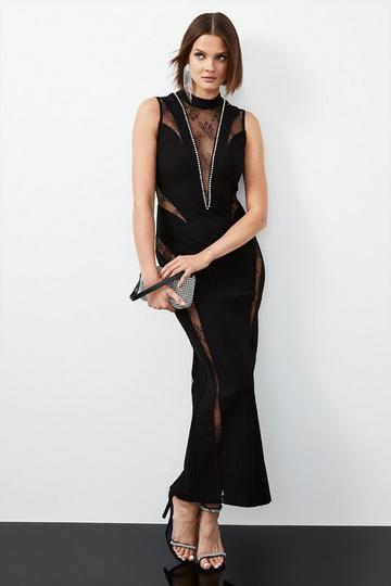 Black Lace Front Diamante Detail Maxi Dress