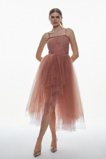 Pink Lace And Tulle High Low Belted Woven Midi Dress
