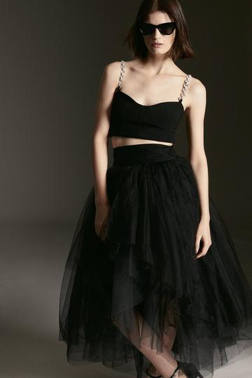 Belted High Low Woven Tulle Skirt black