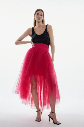 Belted High Low Woven Tulle Skirt raspberry