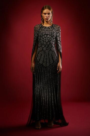 Black Premium Embellished Caped Maxi Dress