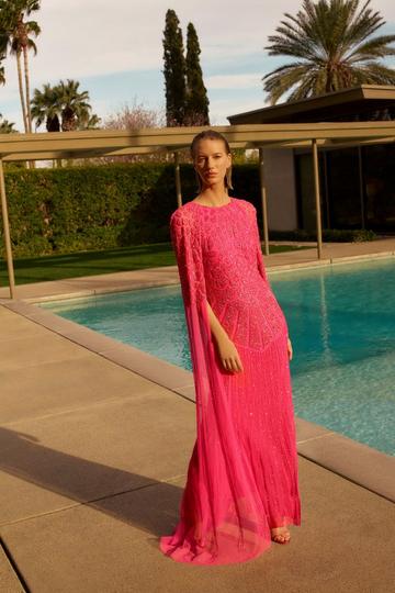 Pink Premium Embellished Caped Maxi Dress