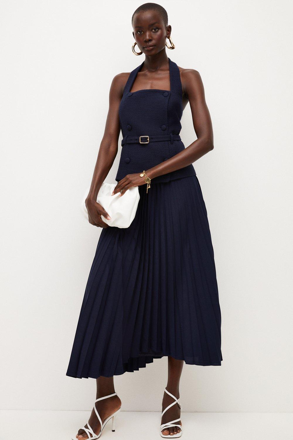 Navy Tweed Pleated Skirt Midi Dress