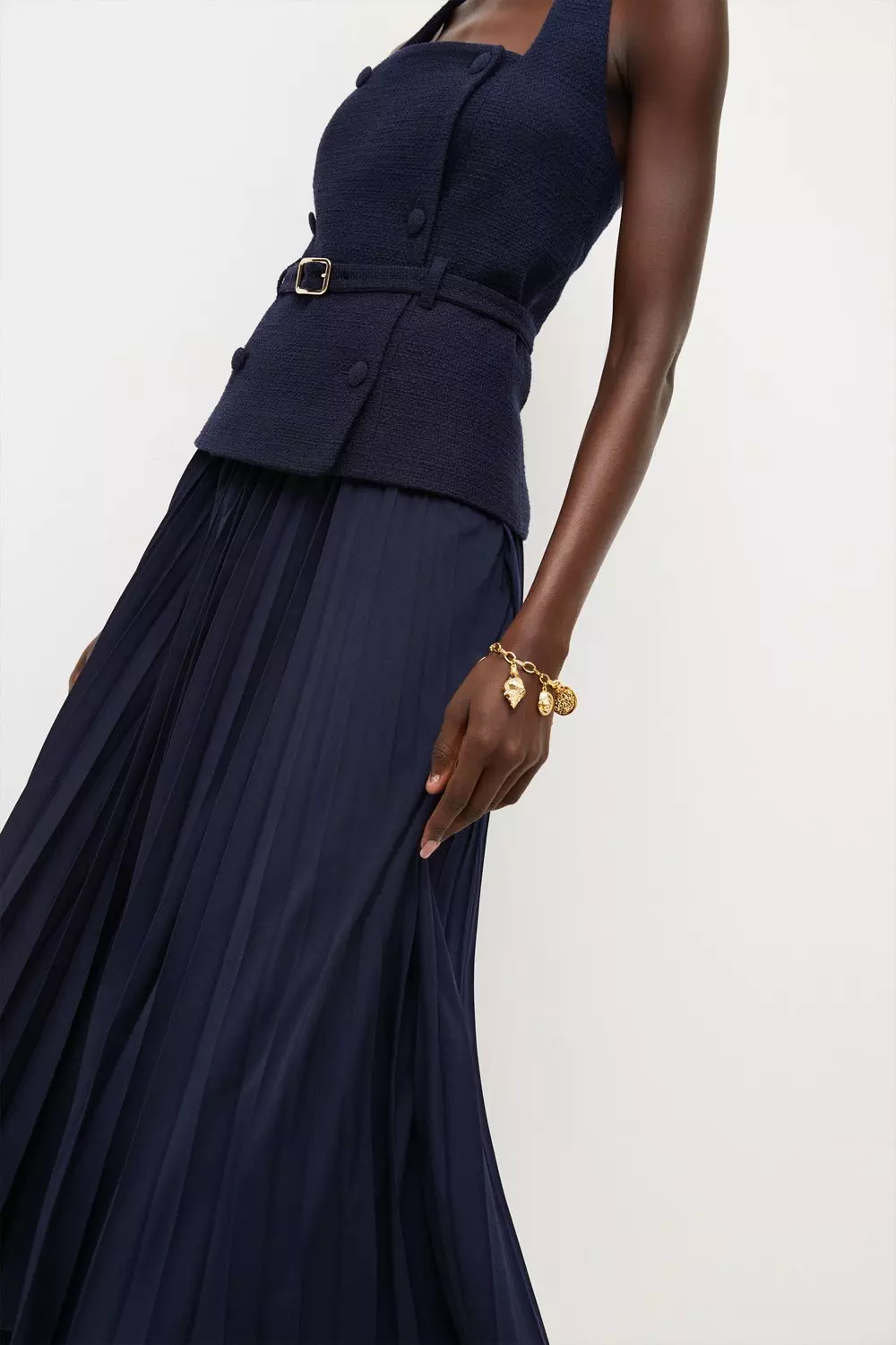 Navy Tweed Pleated Skirt Midi Dress | Karen Millen