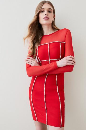 Bandage Cut Out Mesh Knitted Mini Dress red