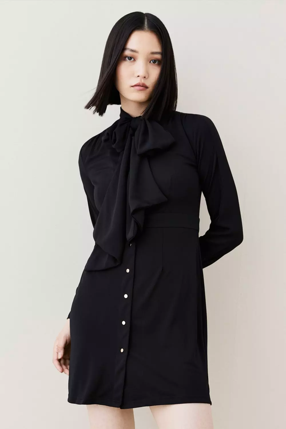 Button Through Pussy Bow Georgette Jersey Dress | Karen Millen