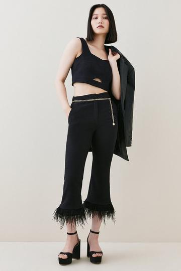 Black Boucle Feather Hem Kickflare Cropped Trouser