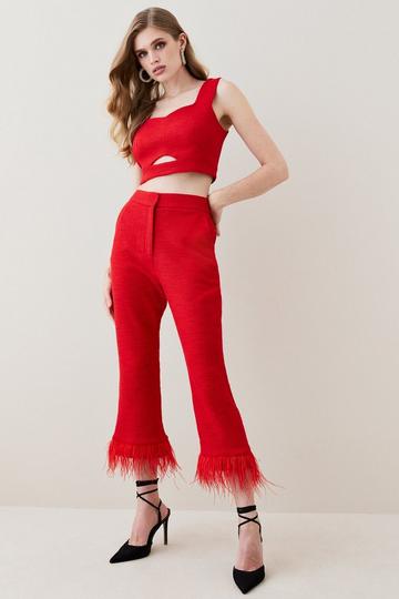 Red Boucle Feather Hem Kickflare Cropped Trouser