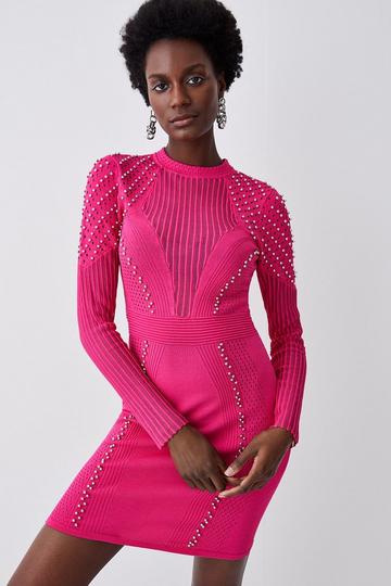 Sheer Knit Studded Mini Dress fuchsia