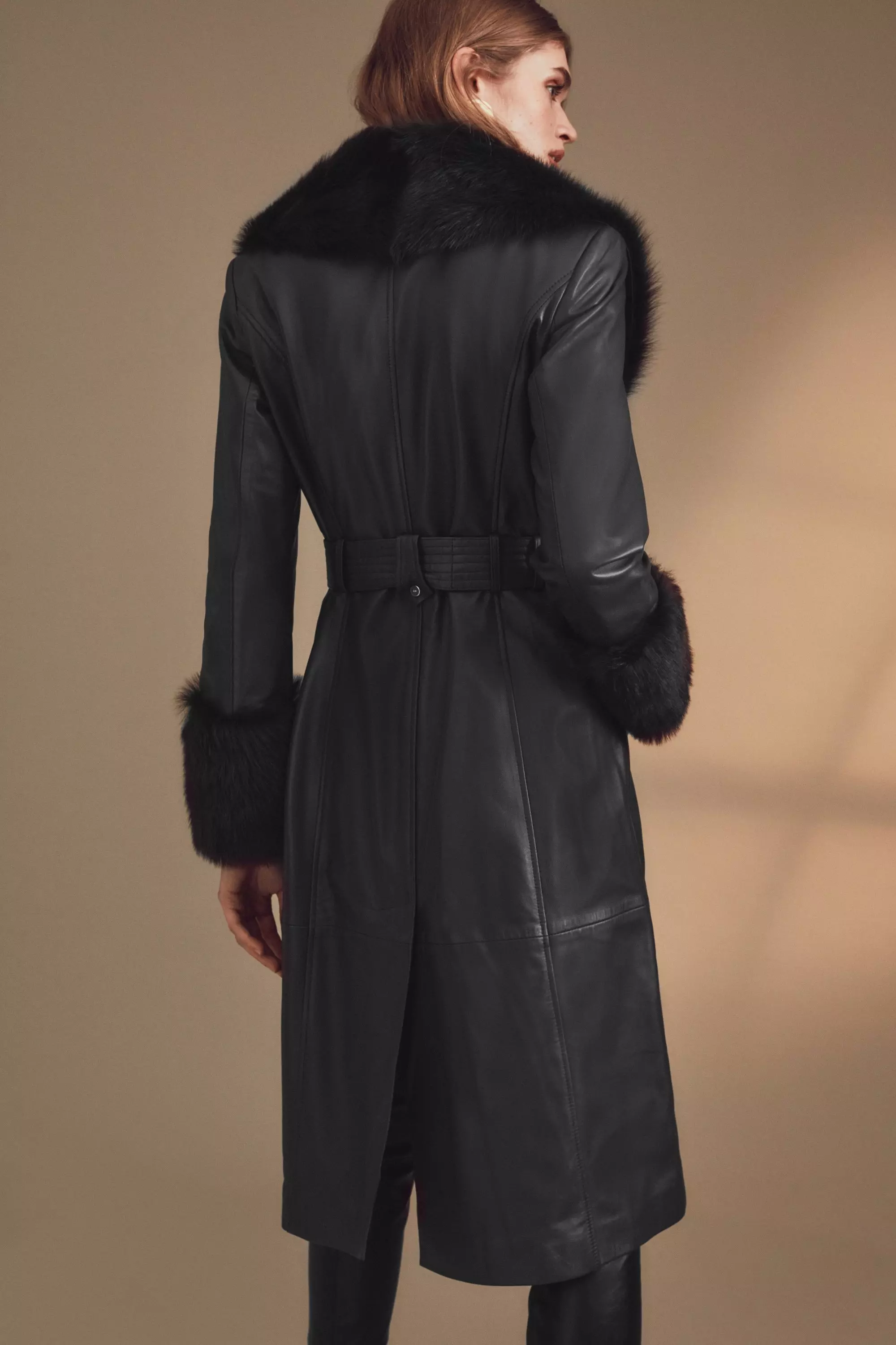 Shearling Cuff & Collar Leather Coat | Karen Millen