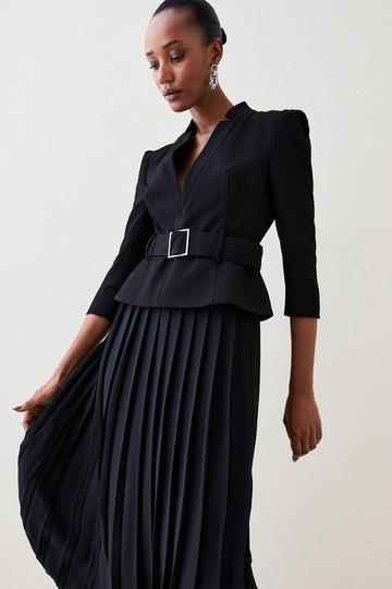 Black Structured Crepe Forever Soft Pleated Midi Dress