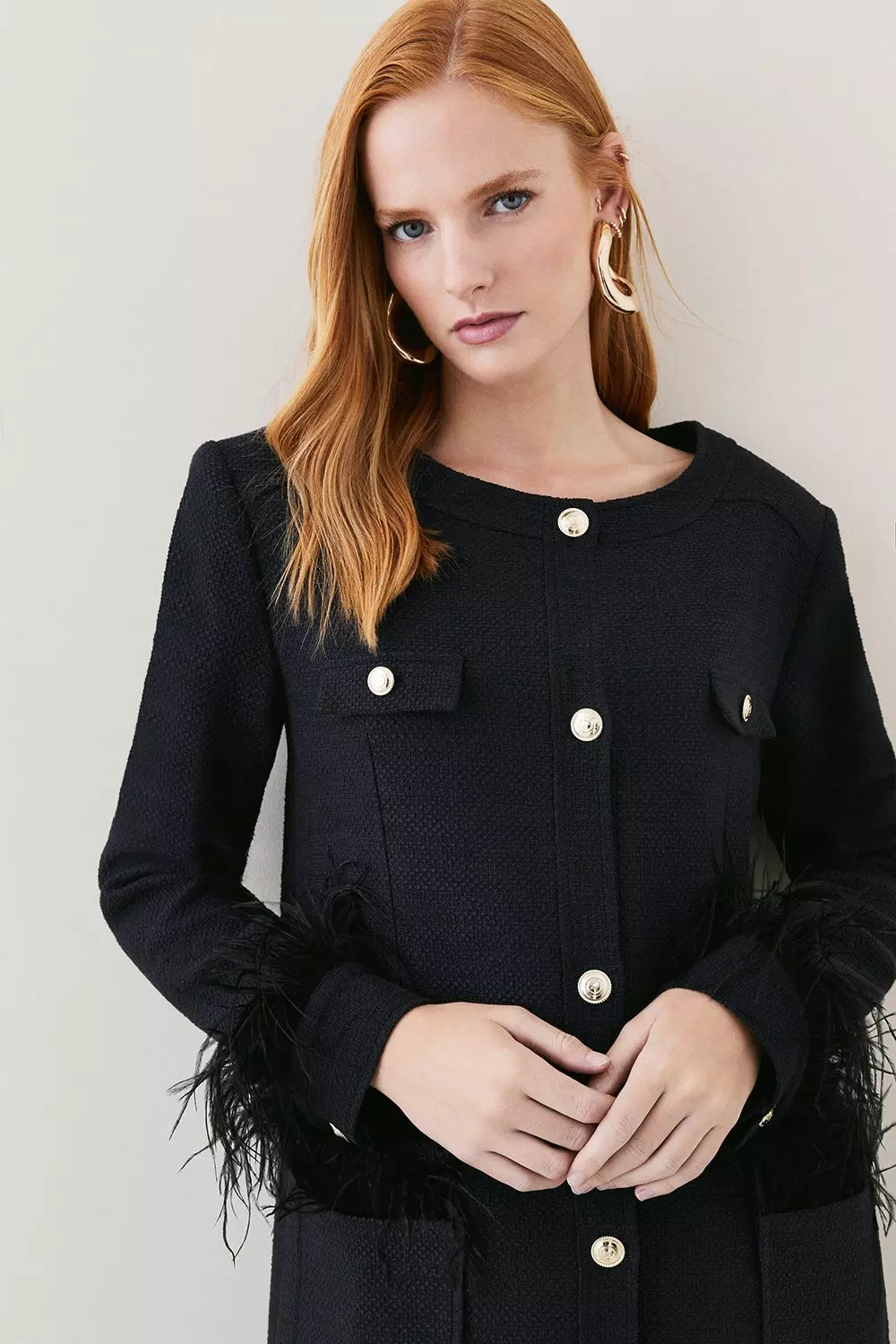 Black boucle clearance fringe trim jacket