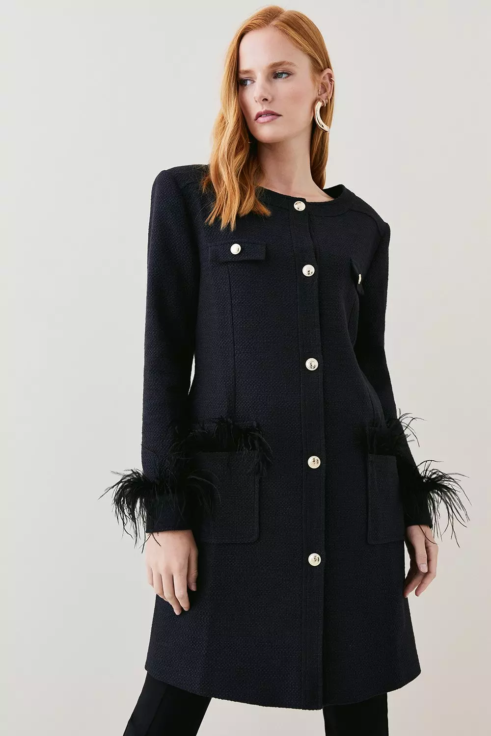 Feather trim coat sale