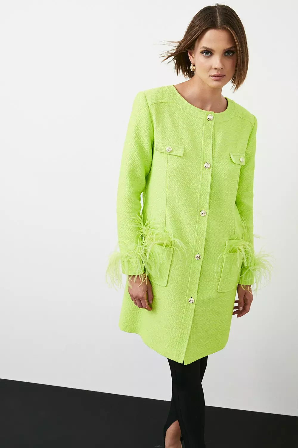 Karen Millen Womens Boucle Feather Trim Longline Coat - Green - Size 6