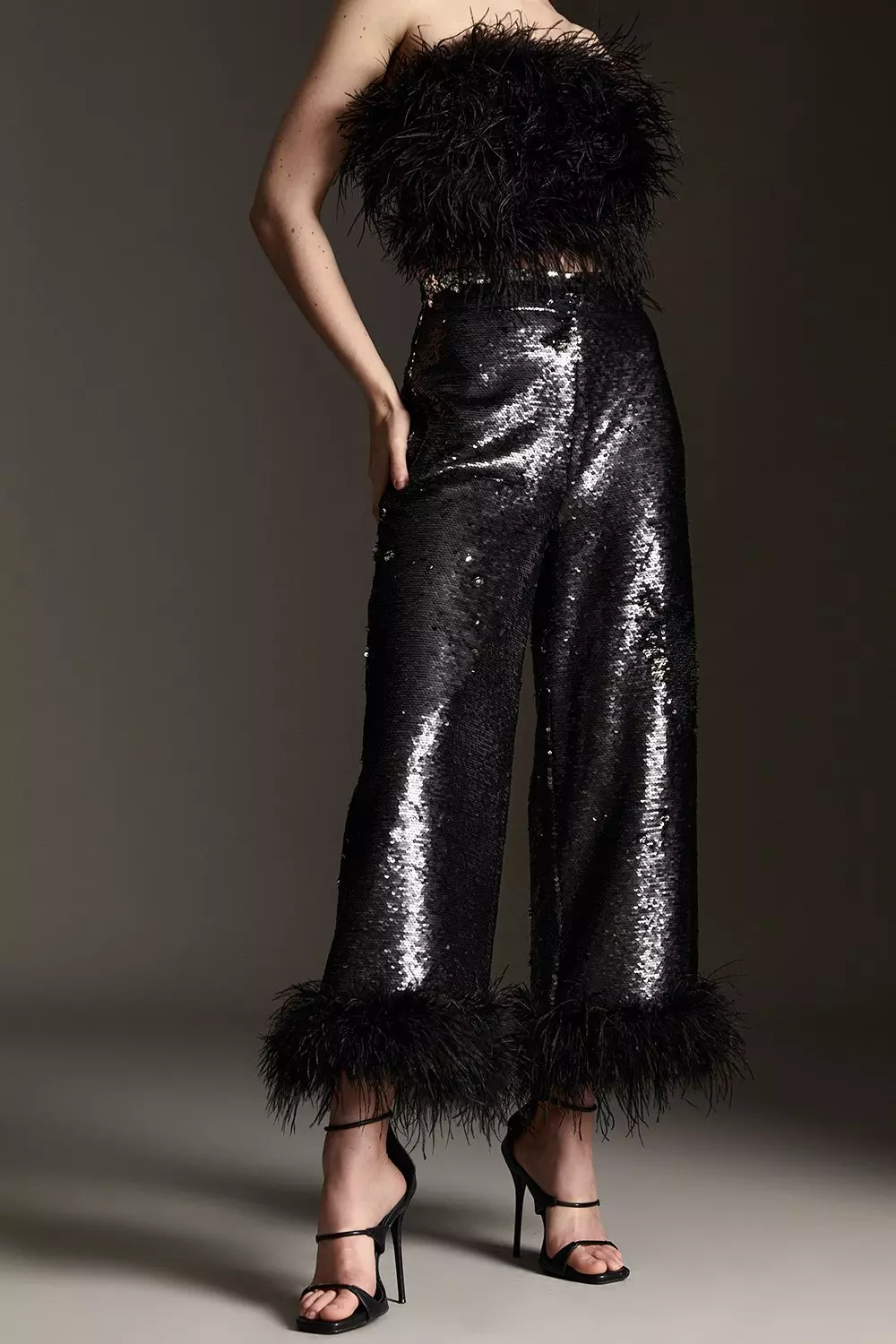 Black Satin Sequin Embellished Wide Leg Trousers