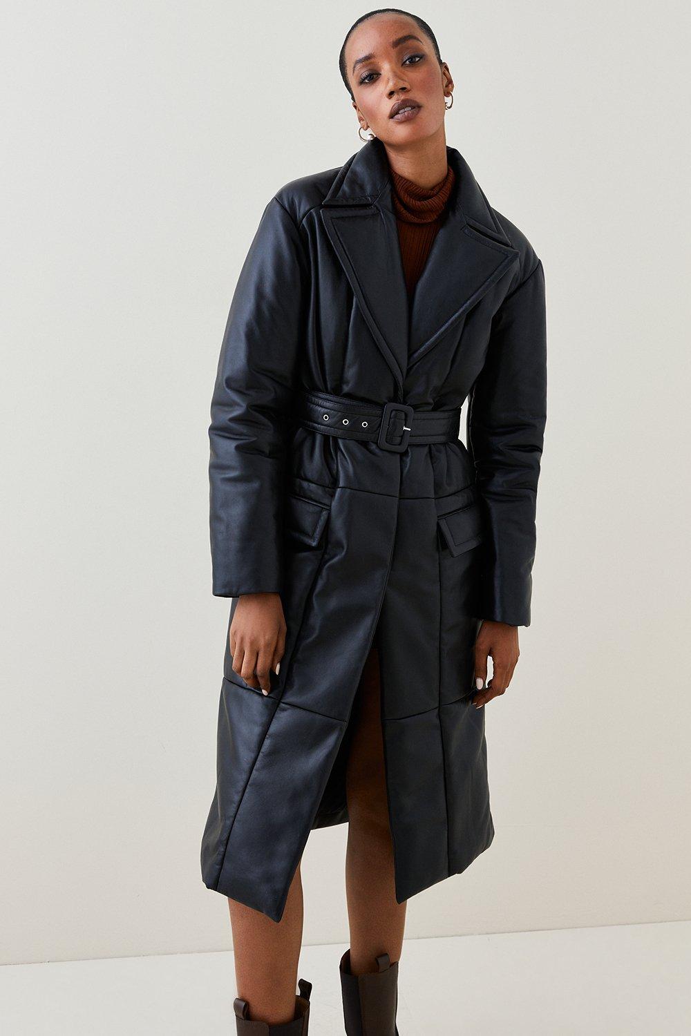 Farren Leather Eyelet Belted Trench Coat Black