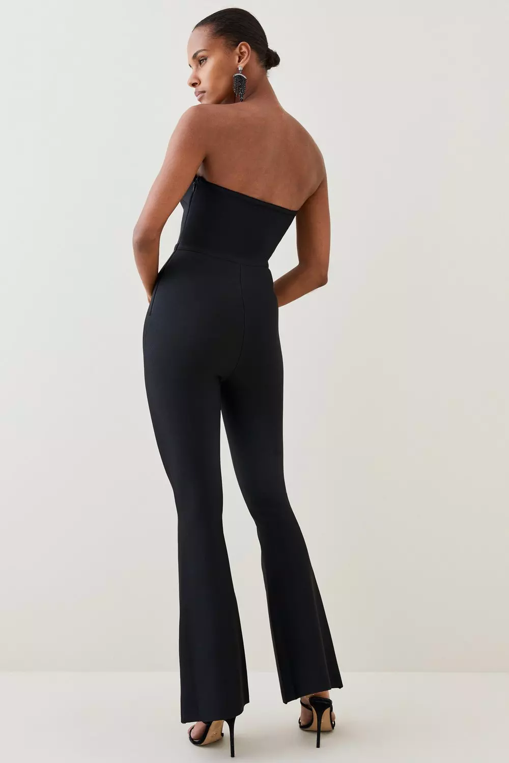 Satin and Bandage Flared Jumpsuit - Black