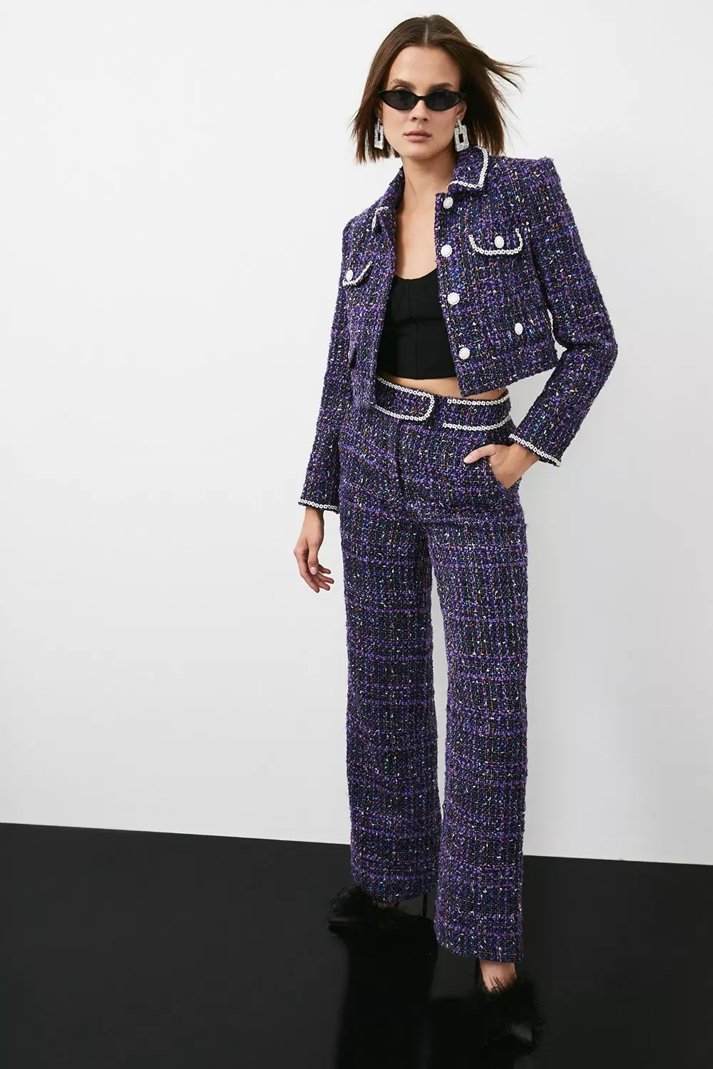 ASOS LUXE metallic boucle mini dress with diamante trim and blazer set in  purple