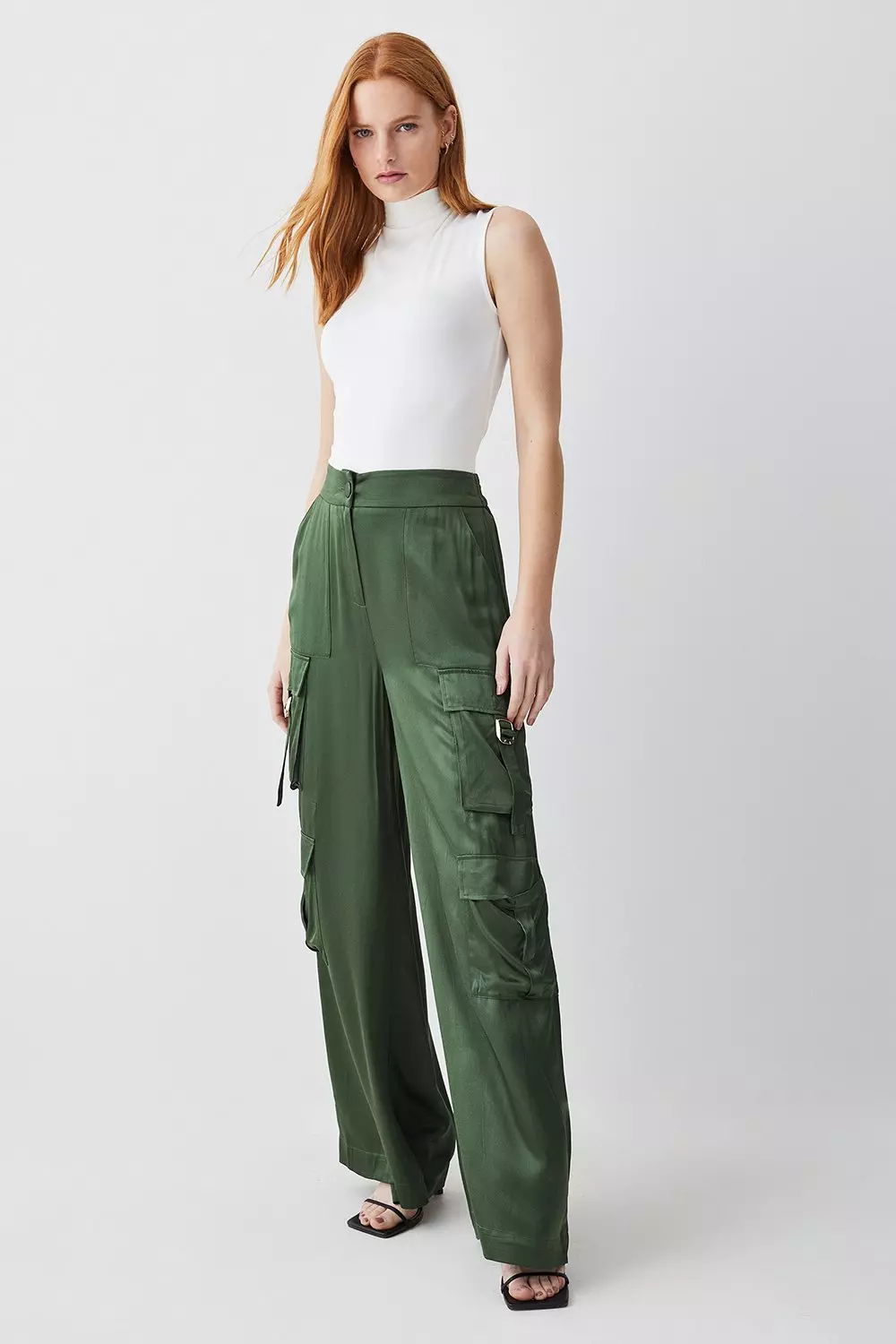 Satin Cargo Pants for Women Casual Work Trousers Elastic High Waist Wide  Leg Satin Pants with Pockets A-Grey at  Women's Clothing store