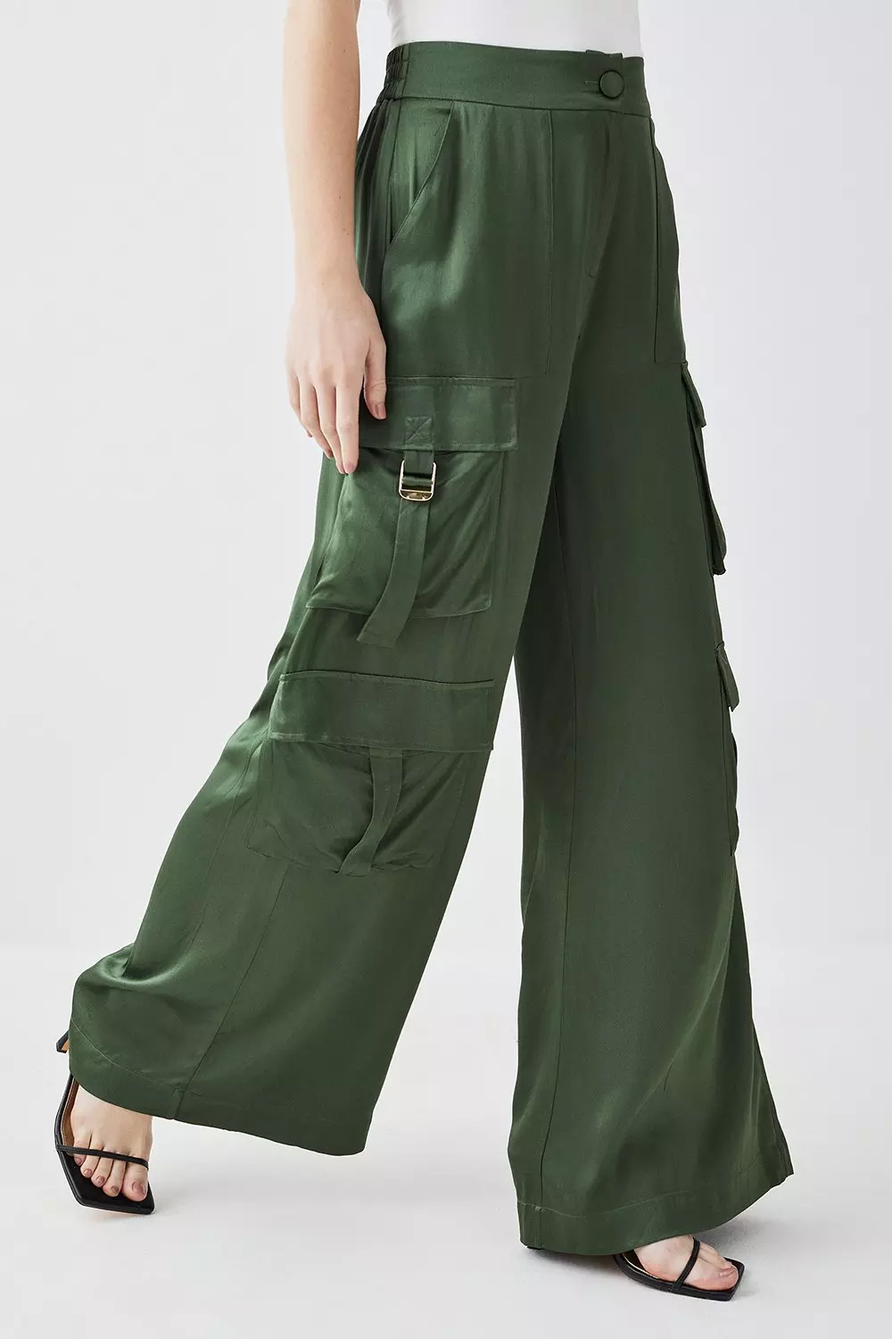 Plus Size Low Rise Satin Cargo Pants | Karen Millen