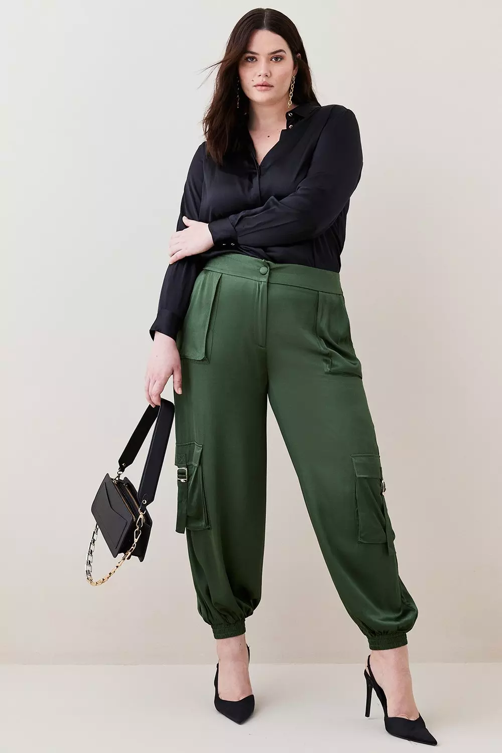 Plus Size Low Rise Satin Cargo Trouser | Karen Millen