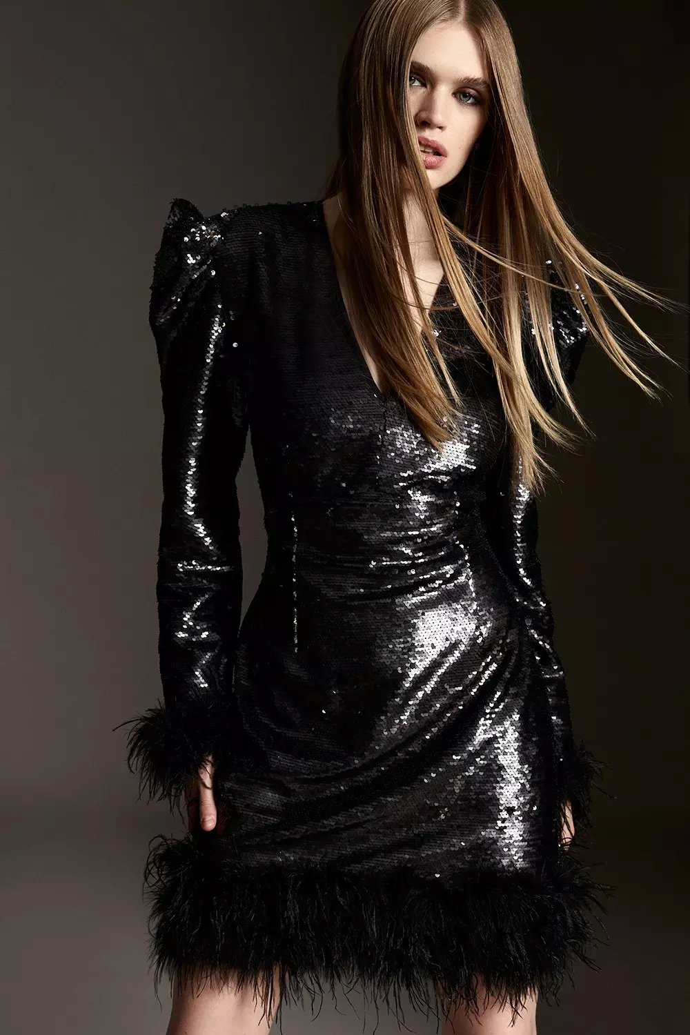 Black Sequin Feather Hem Bodycon Mini Dress | Womens | Large (Available in XS, S, M, XL) | 100% Polyester | Lulus