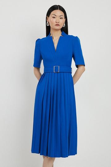 Cobalt Blue Petite Tailored Structured Crepe Forever Pleat Midi Dress