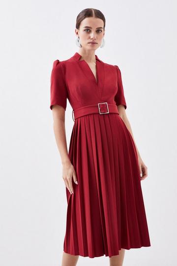 Petite Tailored Structured Crepe Forever Pleat Midi Dress dark red