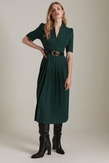 Petite Tailored Structured Crepe Forever Pleat Midi Dress forest