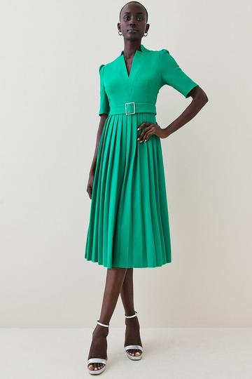 Green Petite Tailored Structured Crepe Forever Pleat Midi Dress