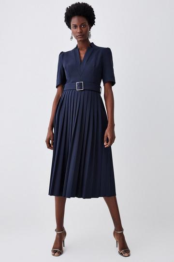 Navy Petite Tailored Structured Crepe Forever Pleat Midi Dress