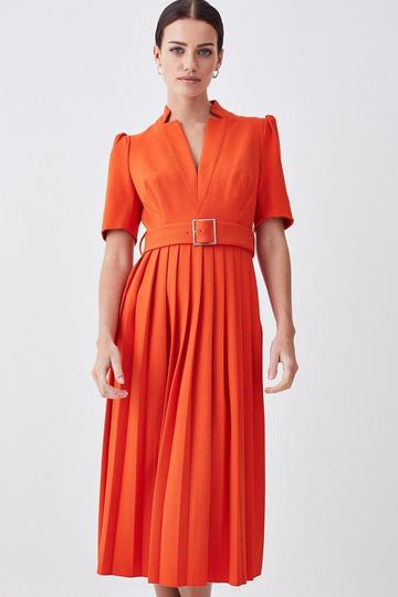 Orange Petite Tailored Structured Crepe Forever Pleat Midi Dress