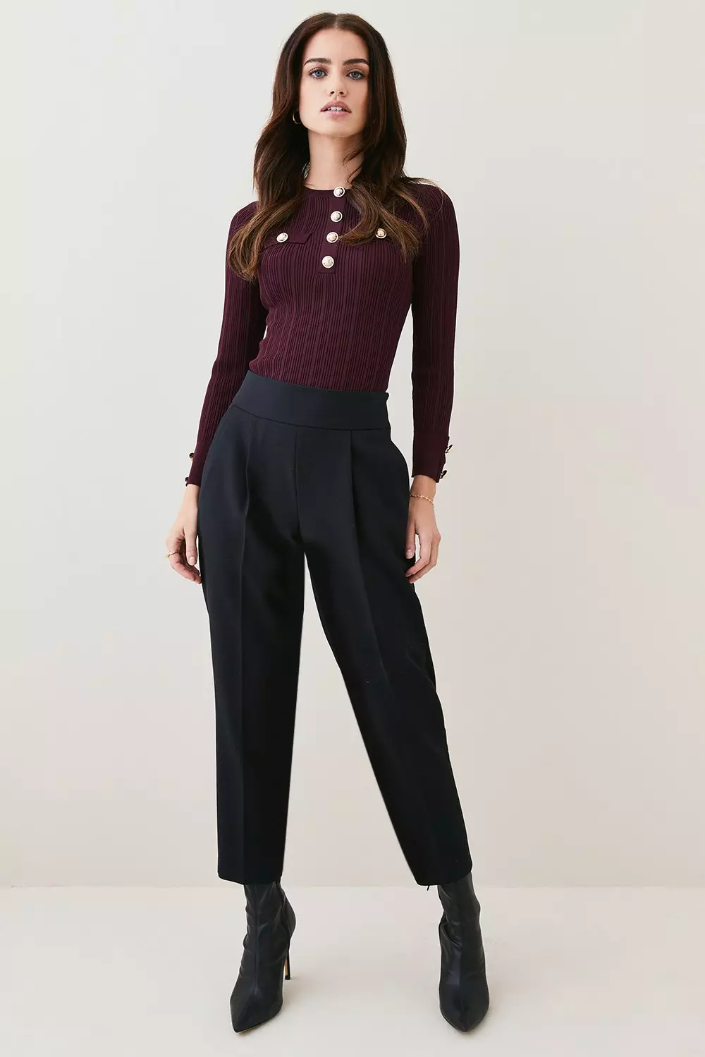 Compact Stretch High Waist Tailored Trousers | Karen Millen