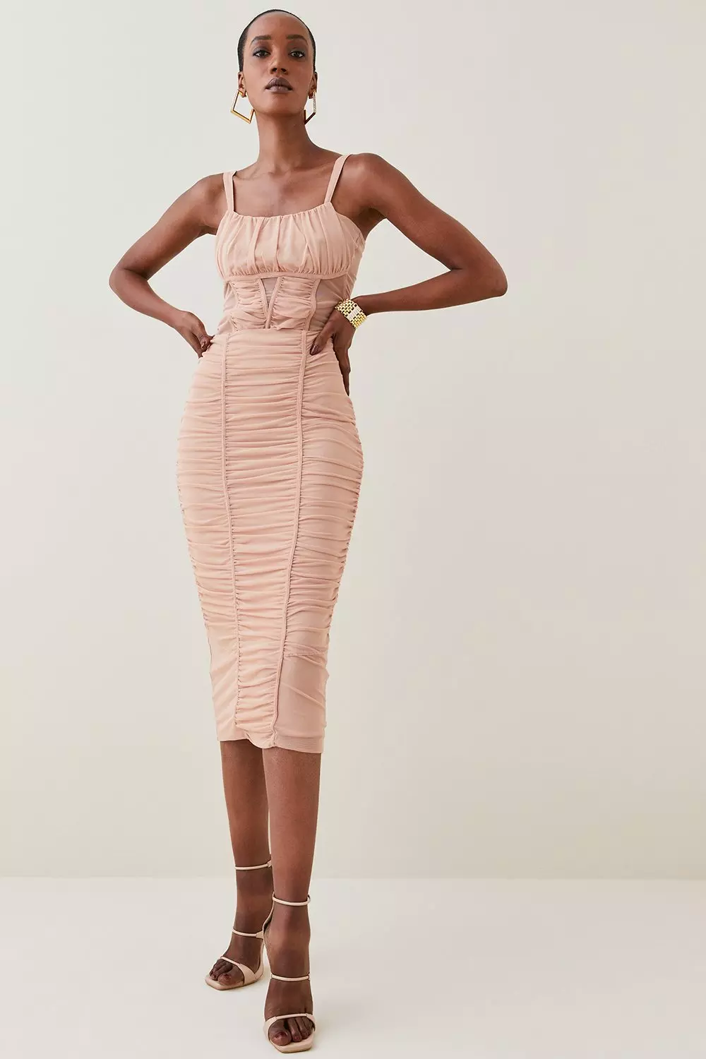 Corset Detail Ruched Mesh Jersey Midi Skirt Karen Millen