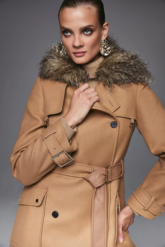 Italian Virgin Wool Fur Collar Trench Coat