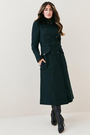 Lydia Millen Italian Wool Faux Fur Collar Longline Coat forest