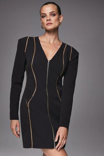Gold Trim Zip Front Mini Dress black