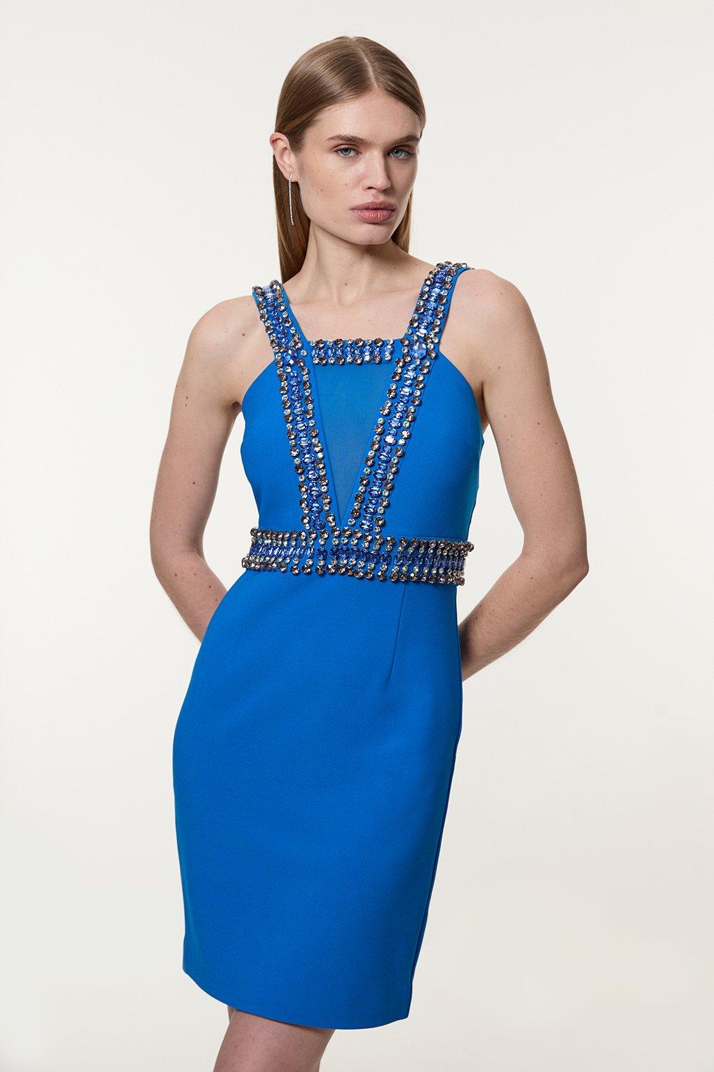 Embellished Halter Figure Form Mini Dress - Blue