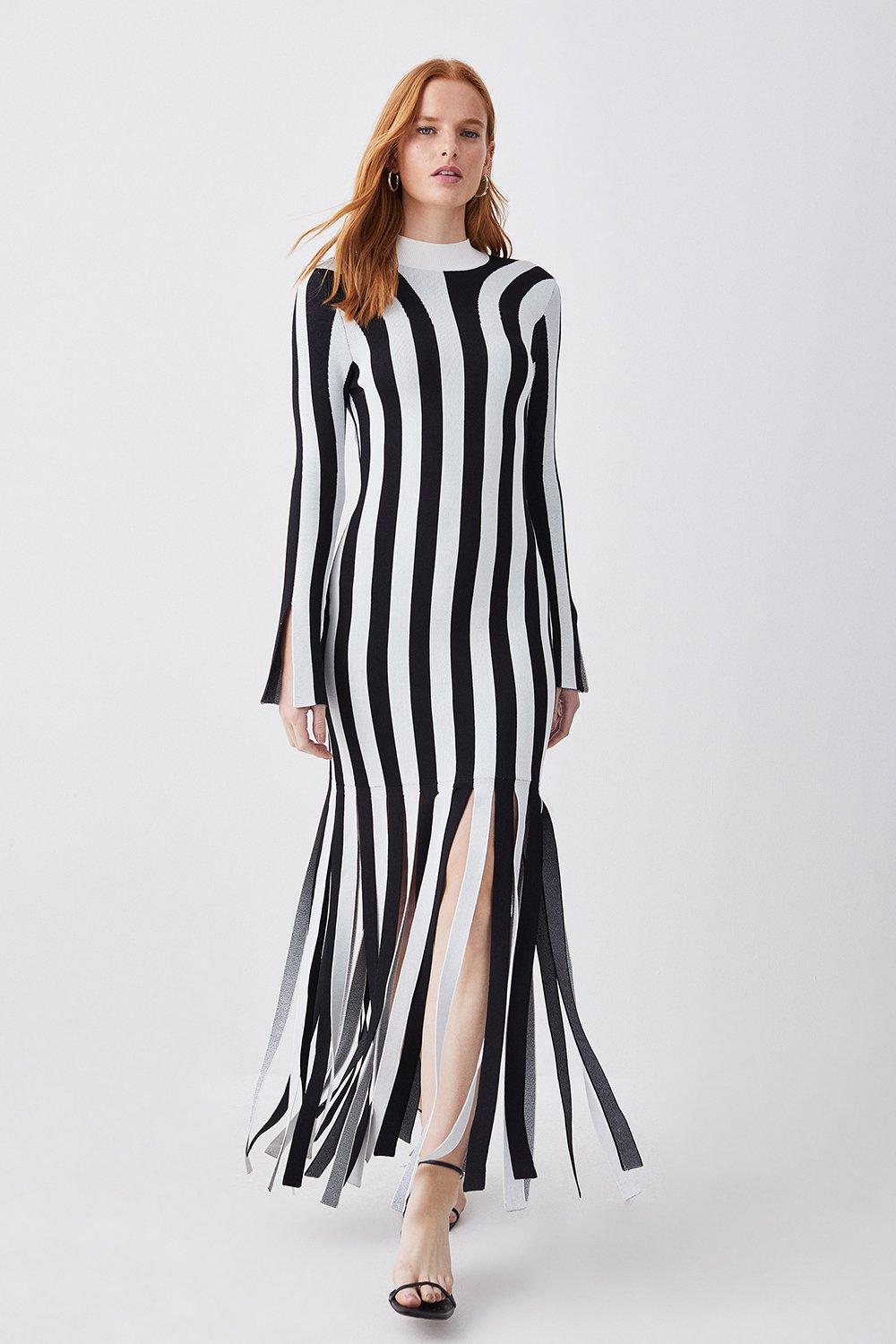 Stripe Shredded Hem Jacquard Maxi Column Dress | Karen Millen