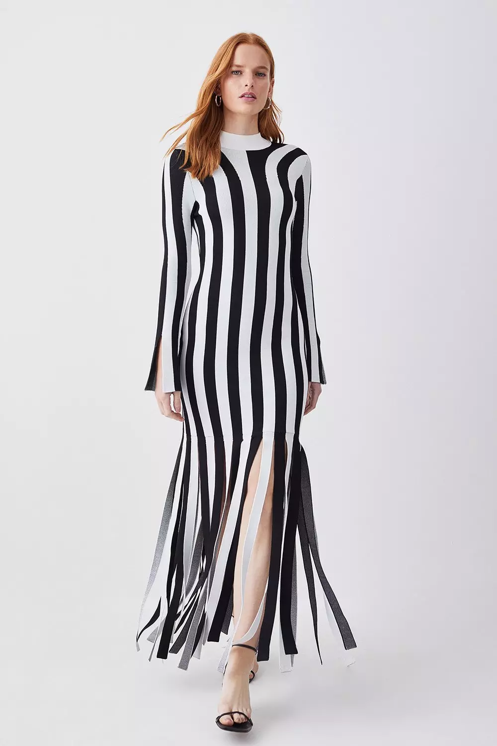 Stripe Shredded Hem Jacquard Maxi Column Dress Karen Millen