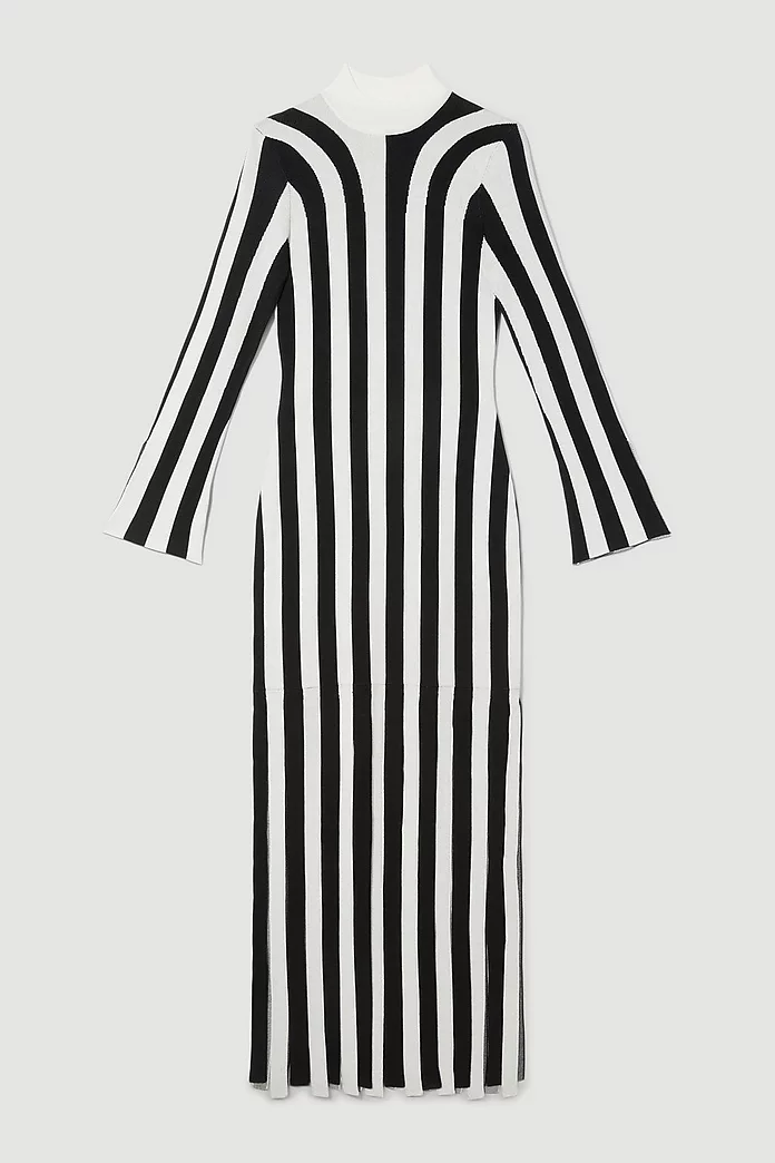 Stripe Shredded Hem Jacquard Maxi Column Dress | Karen Millen