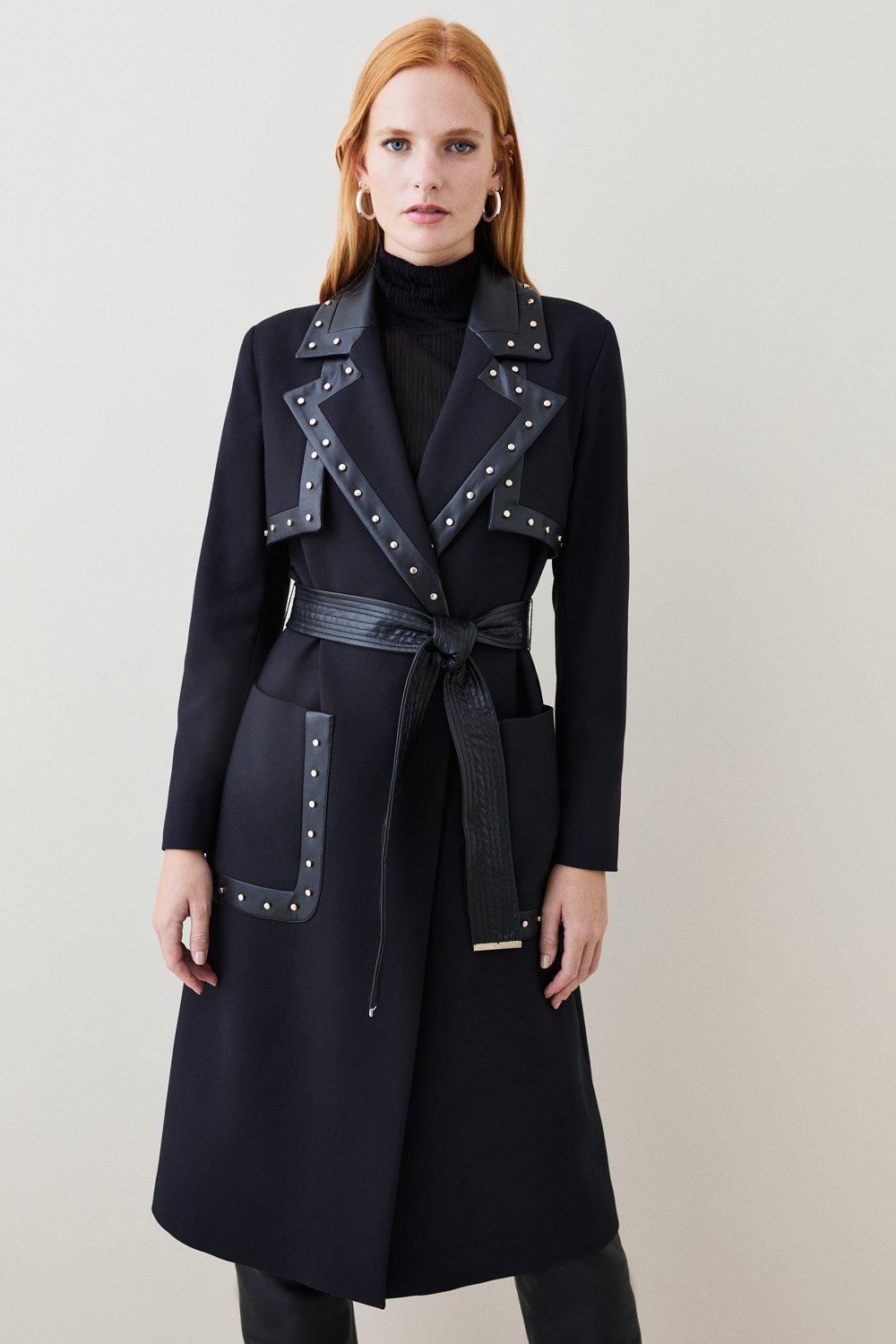 Compact Stretch Pu And Stud Trench Coat | Karen Millen