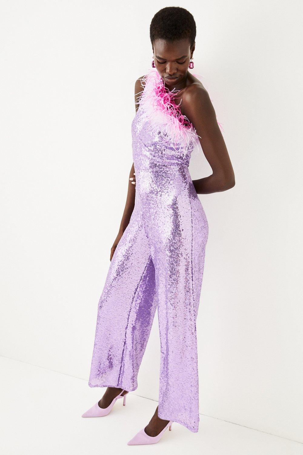 waardigheid Gelukkig stropdas Sequin And Feather One Shoulder Jumpsuit | Karen Millen