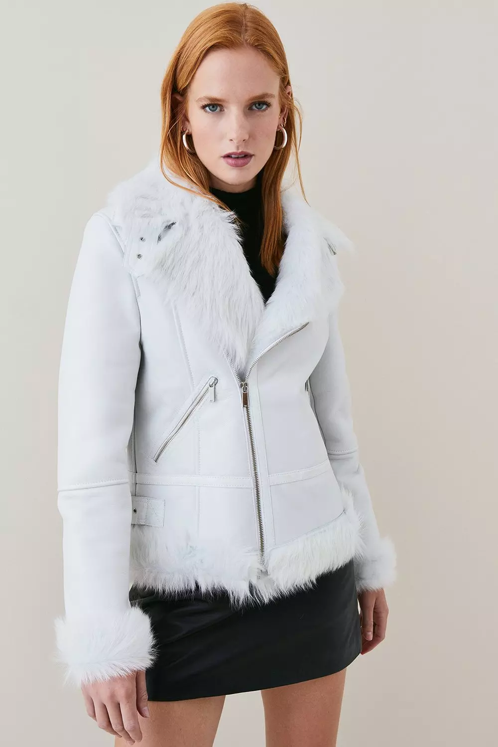 Leather Shearling Aviator Coat Karen Millen