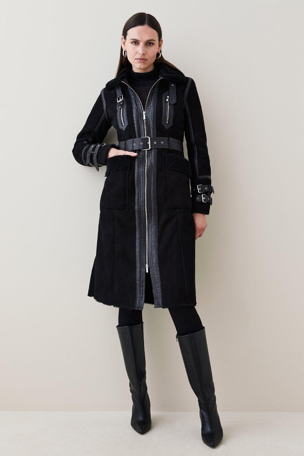 Leather Shearling Mix Long Aviator Coat Karen Millen