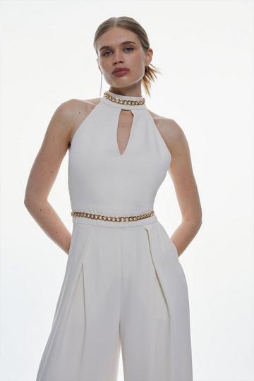 Soft Tailored Chain Detail Halter Jumpsuit ivory