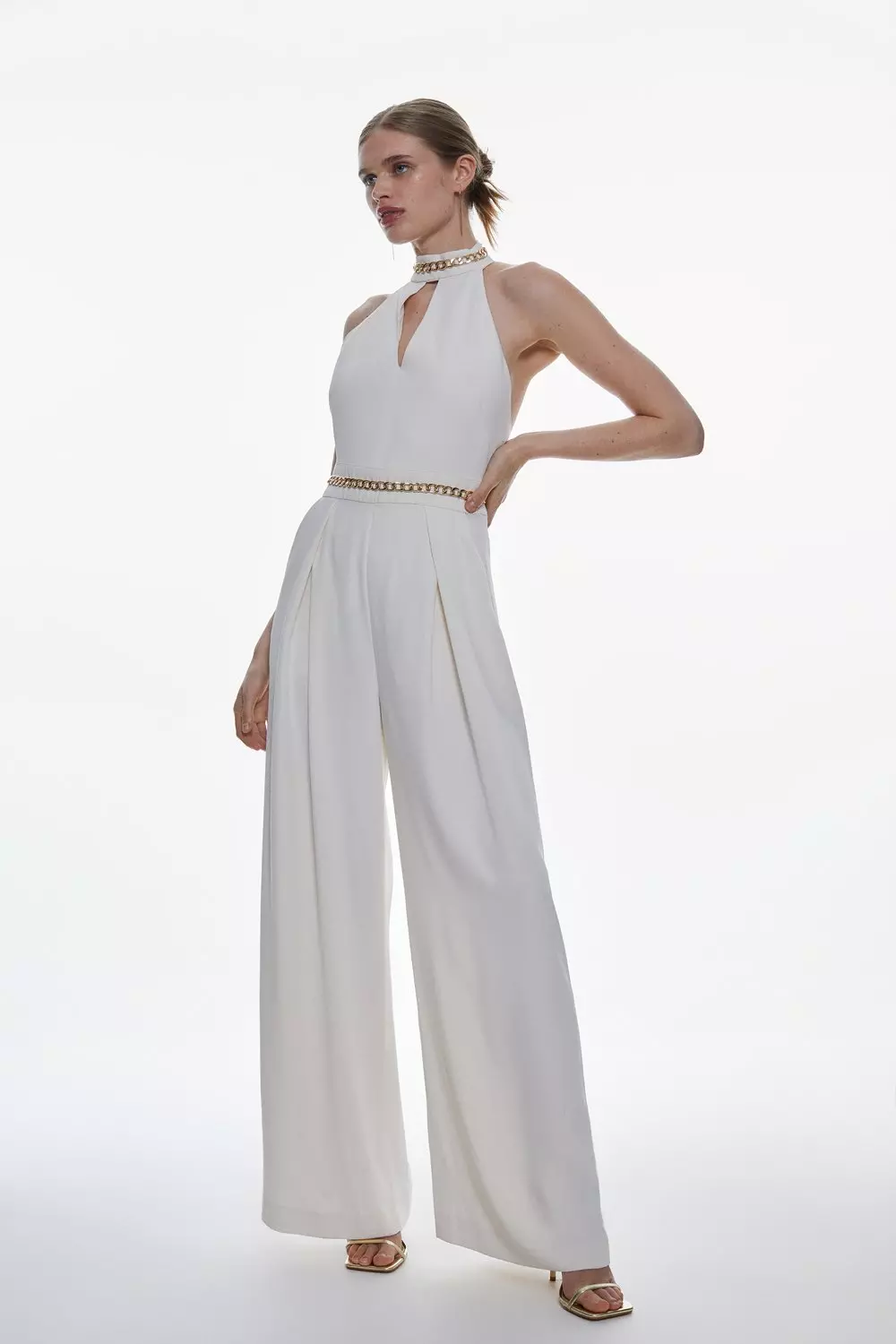 SATIN EFFECT HALTER JUMPSUIT - Ecru