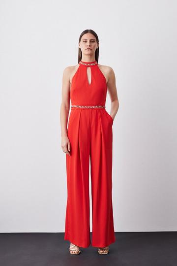 Red Soft Tailored Chain Detail Halter Jumpsuit