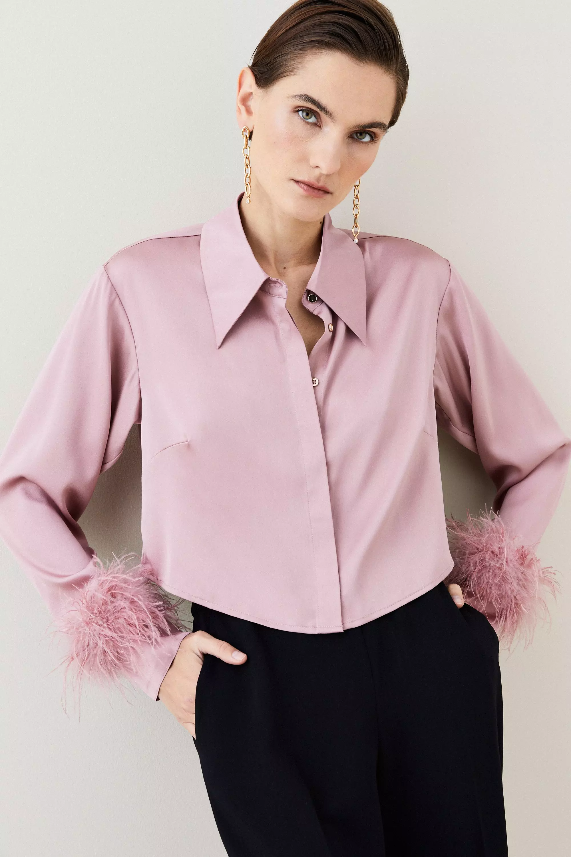 Petite Hot Pink Oversized Satin Feather Cuff Detail Suit Pant